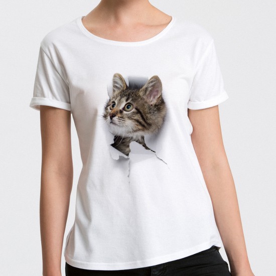 3D Katzen T-Shirt Süßes Kätzchen Riss - Katzen Katzenliebhaberin Katzenbaby Damen T-Shirt, BIO Baumwolle, mit modernem Rundhals