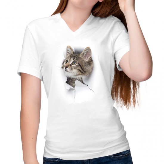 3D Katzen T-Shirt Süßes Kätzchen Riss - Katzen Katzenliebhaberin Katzenbaby Damen V-Neck T-Shirt